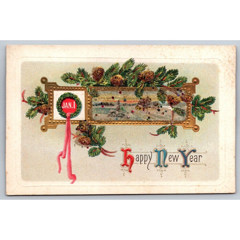 Postcard Happy New Year Jan 1 Glitter Sparkles Embossed c1910 Antique Unposted